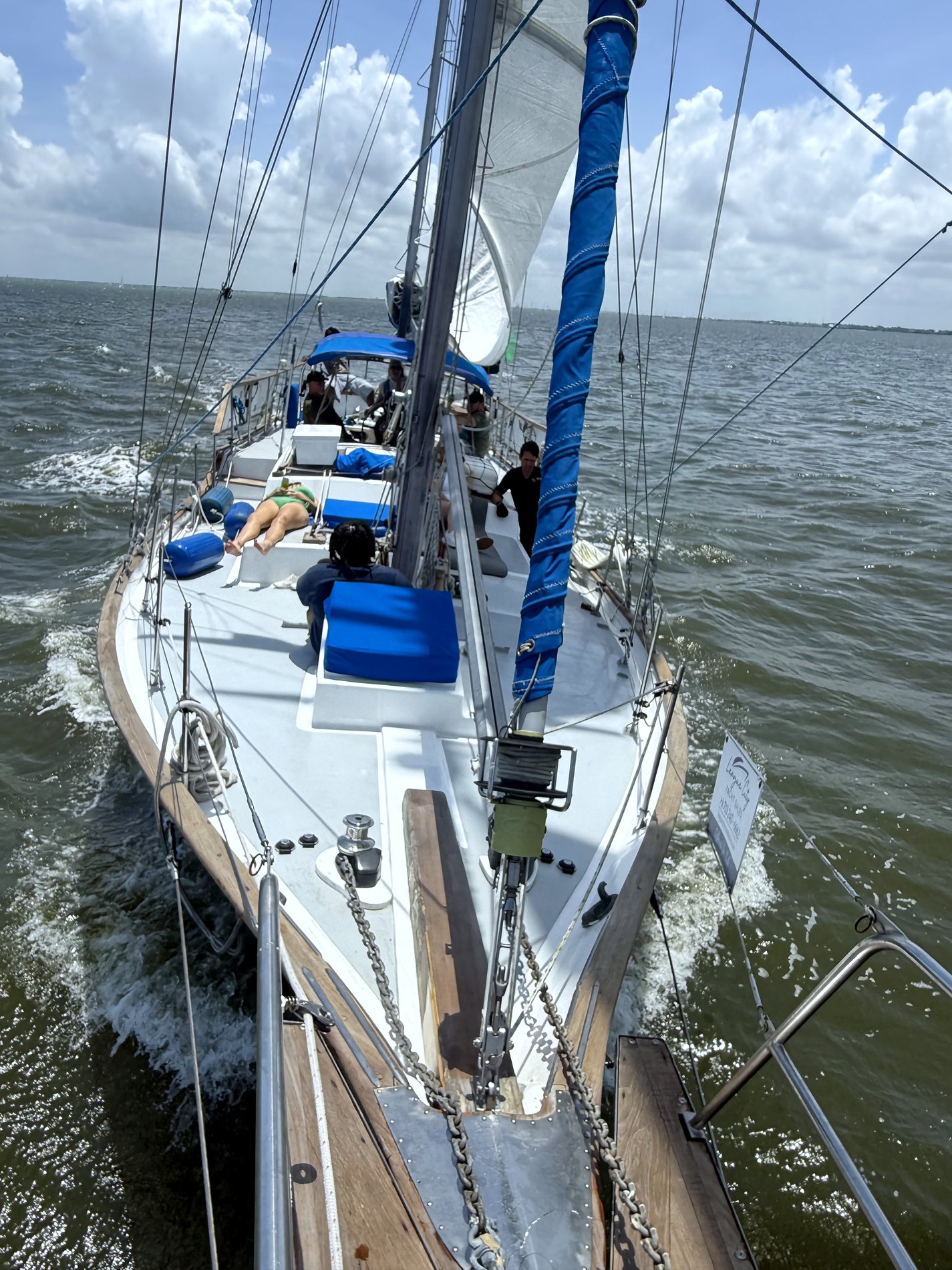 Aerial view of a yacht under sail on Galveston Bay